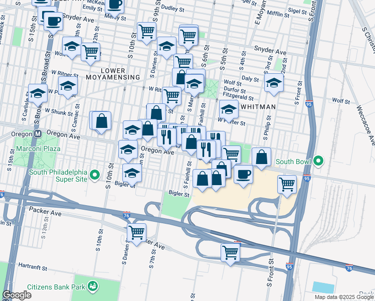 map of restaurants, bars, coffee shops, grocery stores, and more near 2648 South 6th Street in Philadelphia