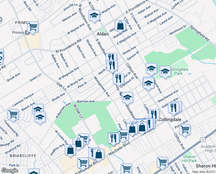 map of restaurants, bars, coffee shops, grocery stores, and more near 1017 Walnut Street in Collingdale