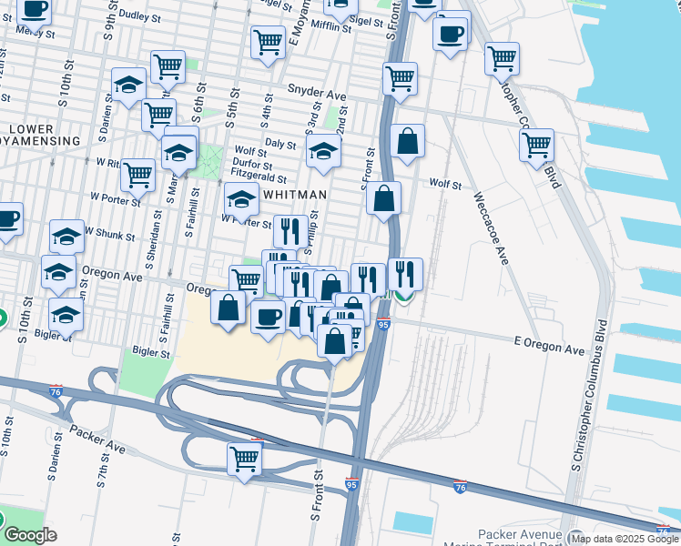 map of restaurants, bars, coffee shops, grocery stores, and more near 111 West Shunk Street in Philadelphia