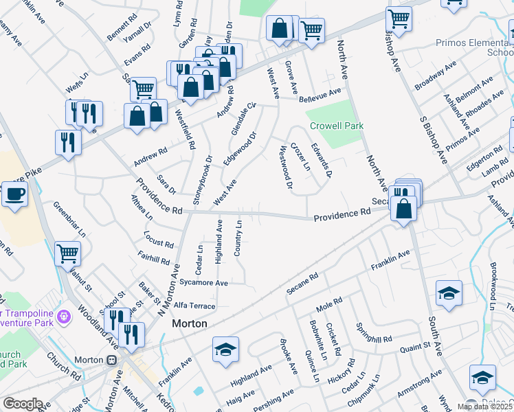 map of restaurants, bars, coffee shops, grocery stores, and more near 1159 Providence Road in Springfield