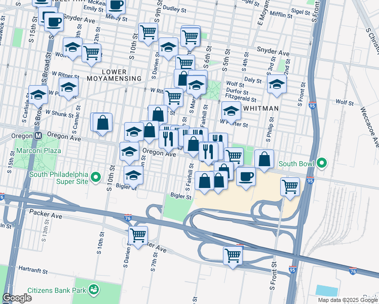 map of restaurants, bars, coffee shops, grocery stores, and more near 2648 South 6th Street in Philadelphia