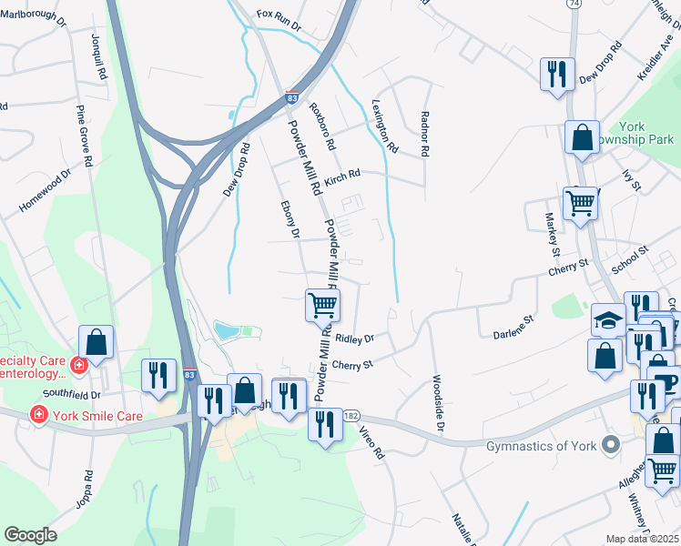map of restaurants, bars, coffee shops, grocery stores, and more near 1897 Powder Mill Road in York