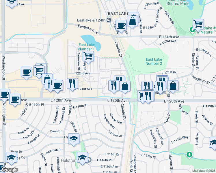 map of restaurants, bars, coffee shops, grocery stores, and more near 12150 Race Street in Northglenn