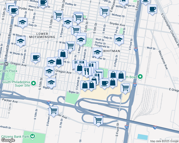 map of restaurants, bars, coffee shops, grocery stores, and more near 413 West Oregon Avenue in Philadelphia