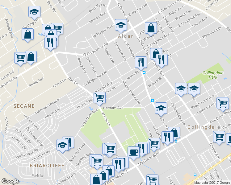 map of restaurants, bars, coffee shops, grocery stores, and more near 255 Spruce Street in Glenolden