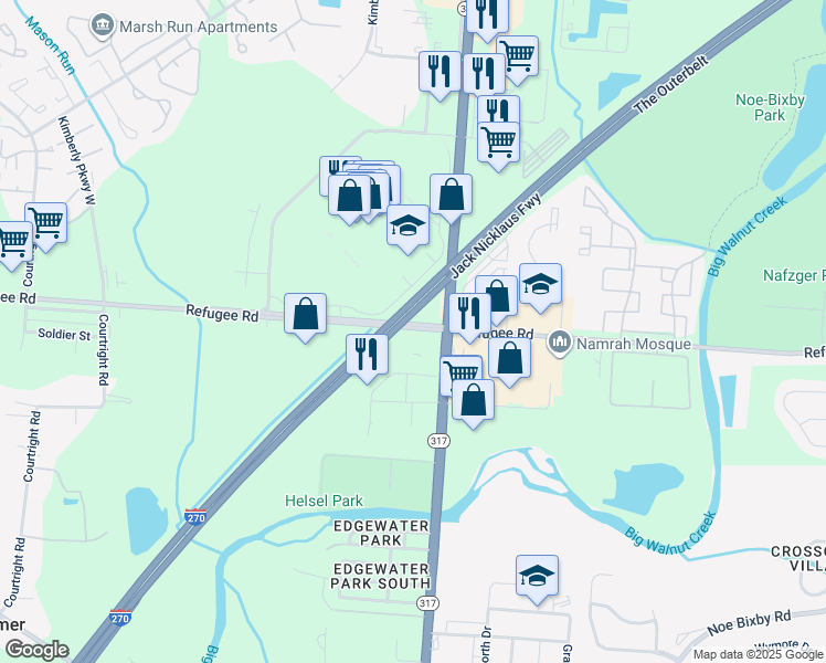 map of restaurants, bars, coffee shops, grocery stores, and more near 4457 Refugee Road in Columbus