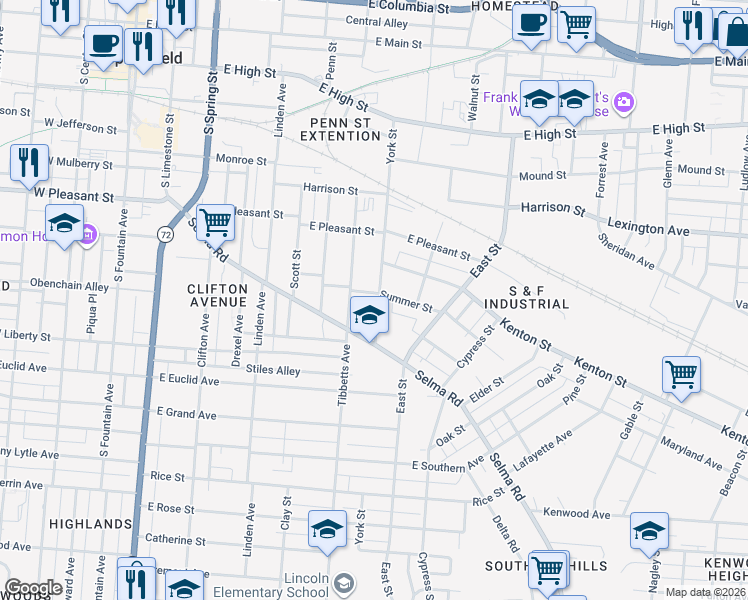 map of restaurants, bars, coffee shops, grocery stores, and more near 733 York Street in Springfield