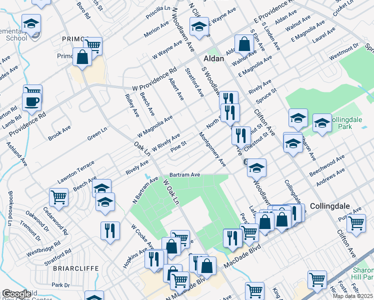 map of restaurants, bars, coffee shops, grocery stores, and more near 255 Spruce Street in Glenolden