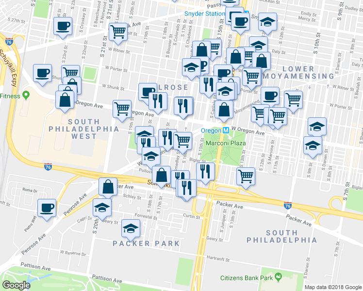 map of restaurants, bars, coffee shops, grocery stores, and more near 2813 South Smedley Street in Philadelphia