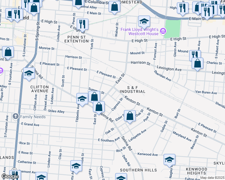 map of restaurants, bars, coffee shops, grocery stores, and more near 610 East Street in Springfield