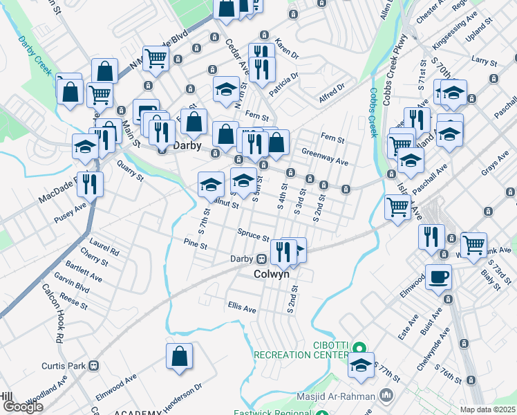 map of restaurants, bars, coffee shops, grocery stores, and more near 125 South 5th Street in Darby
