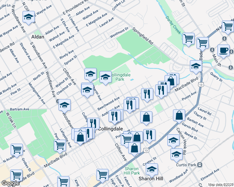 map of restaurants, bars, coffee shops, grocery stores, and more near 407 Felton Avenue in Collingdale