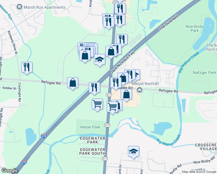 map of restaurants, bars, coffee shops, grocery stores, and more near 4597 Refugee Road in Columbus