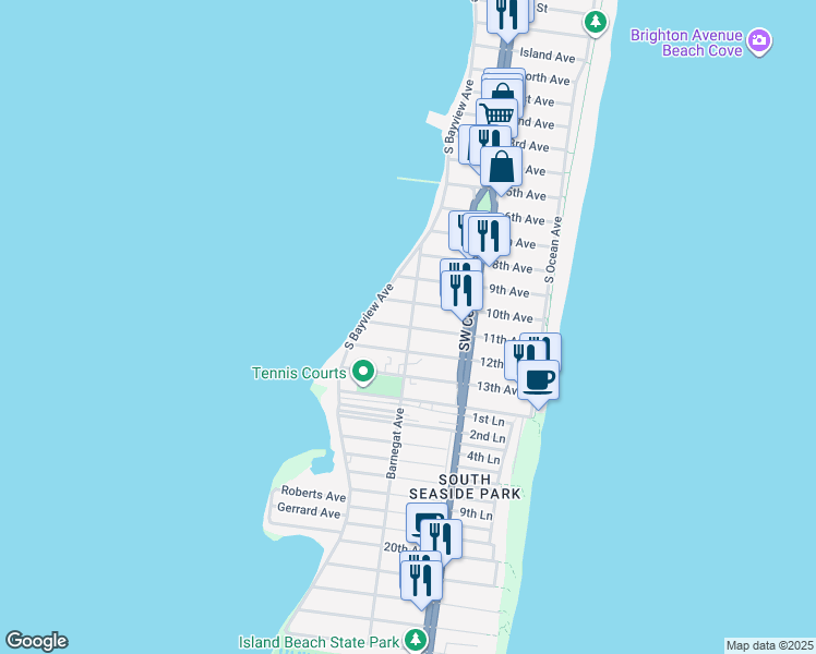 map of restaurants, bars, coffee shops, grocery stores, and more near 200 11th Avenue in Seaside Park