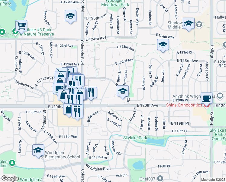 map of restaurants, bars, coffee shops, grocery stores, and more near 12080 Bellaire Way in Thornton