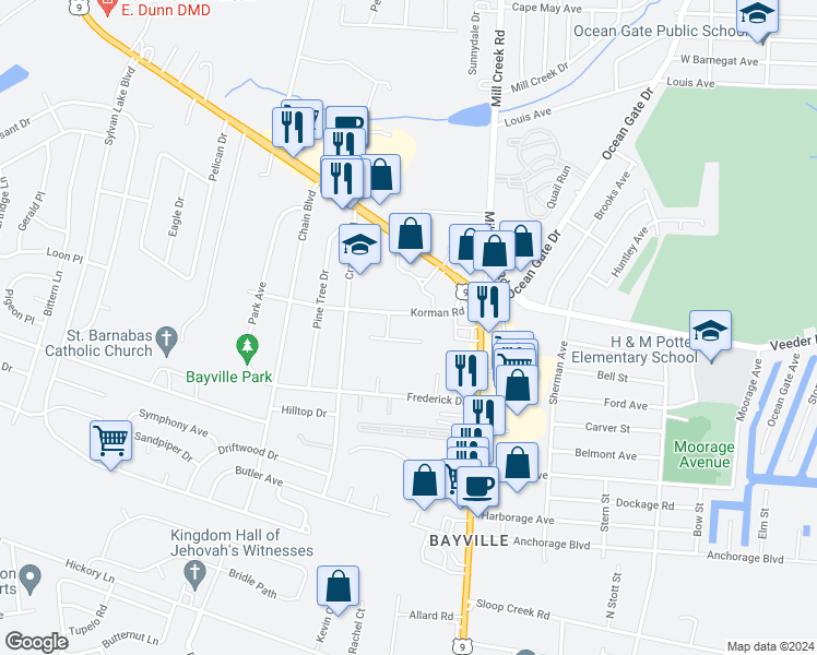 map of restaurants, bars, coffee shops, grocery stores, and more near 15 Esplanade Way in Ocean County
