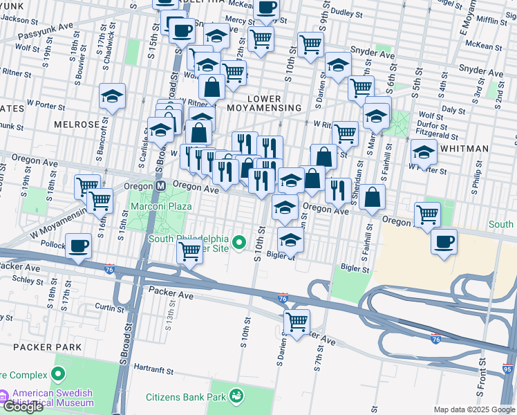 map of restaurants, bars, coffee shops, grocery stores, and more near 2734 South 10th Street in Philadelphia
