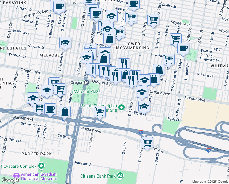 map of restaurants, bars, coffee shops, grocery stores, and more near 2724 South Marvine Street in Philadelphia