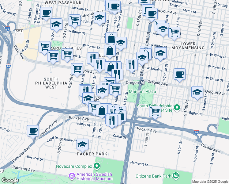 map of restaurants, bars, coffee shops, grocery stores, and more near 2813 South Smedley Street in Philadelphia