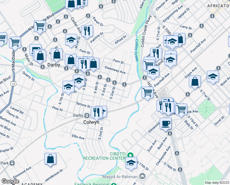map of restaurants, bars, coffee shops, grocery stores, and more near 114 Chestnut Street in Darby