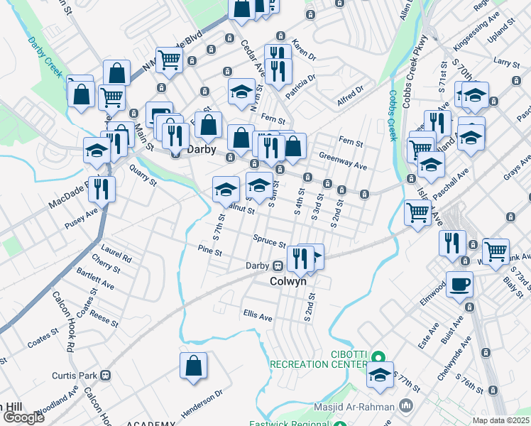 map of restaurants, bars, coffee shops, grocery stores, and more near 211 South 5th Street in Darby