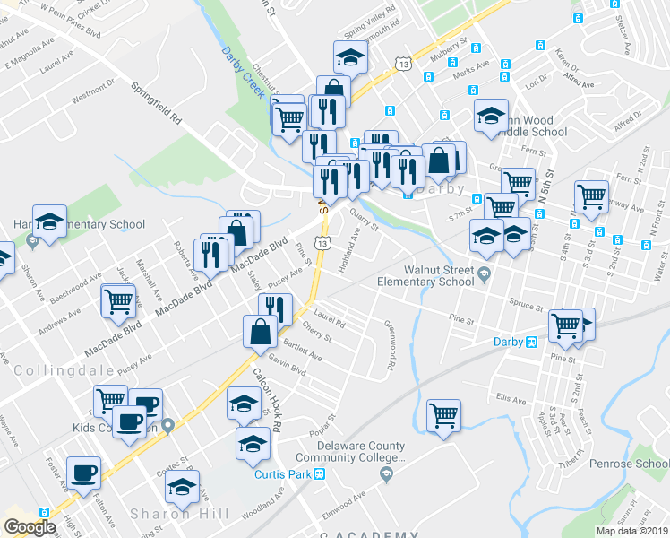 map of restaurants, bars, coffee shops, grocery stores, and more near 1046 Pine Street in Darby