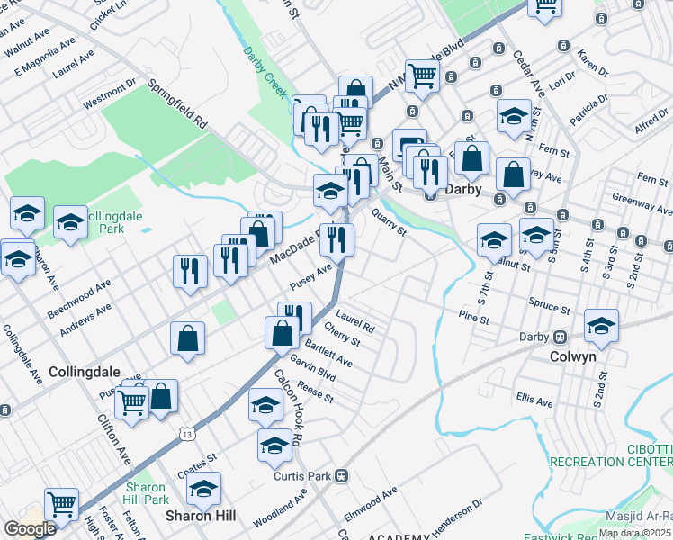 map of restaurants, bars, coffee shops, grocery stores, and more near 116 Chester Pike in Darby