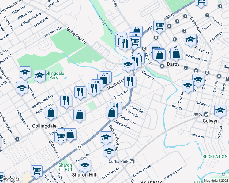 map of restaurants, bars, coffee shops, grocery stores, and more near 100 Cherry Street in Collingdale