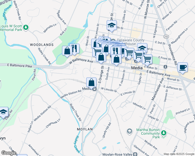 map of restaurants, bars, coffee shops, grocery stores, and more near 301 Media Station Rd in Media