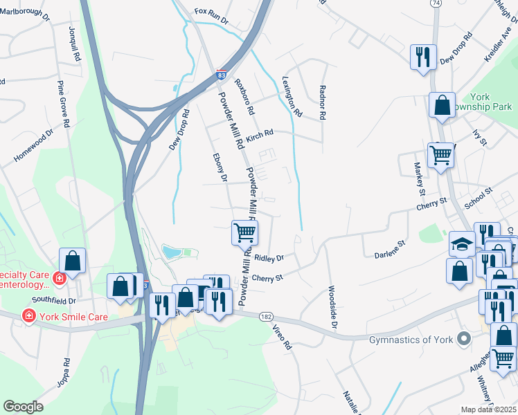 map of restaurants, bars, coffee shops, grocery stores, and more near 1897 Powder Mill Road in York