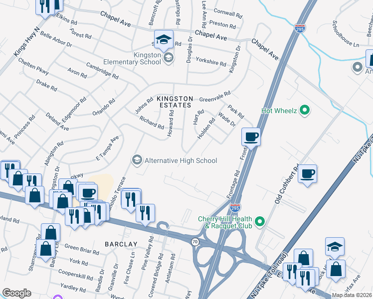 map of restaurants, bars, coffee shops, grocery stores, and more near 9 Logan Drive in Cherry Hill