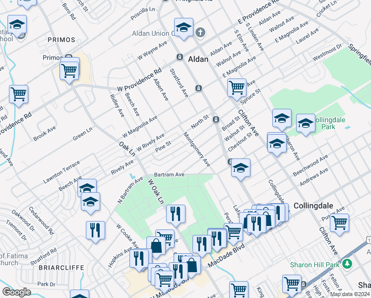 map of restaurants, bars, coffee shops, grocery stores, and more near 218 Spruce Street in Glenolden