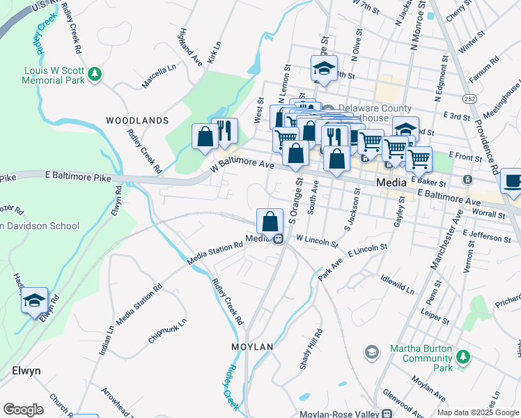 map of restaurants, bars, coffee shops, grocery stores, and more near 499 West Jefferson Street in Media