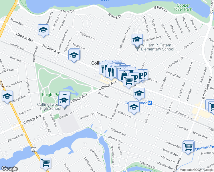 map of restaurants, bars, coffee shops, grocery stores, and more near 588 Atlantic Avenue in Collingswood