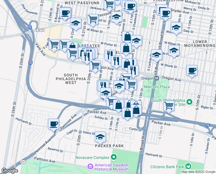 map of restaurants, bars, coffee shops, grocery stores, and more near 1800 Johnston Street in Philadelphia