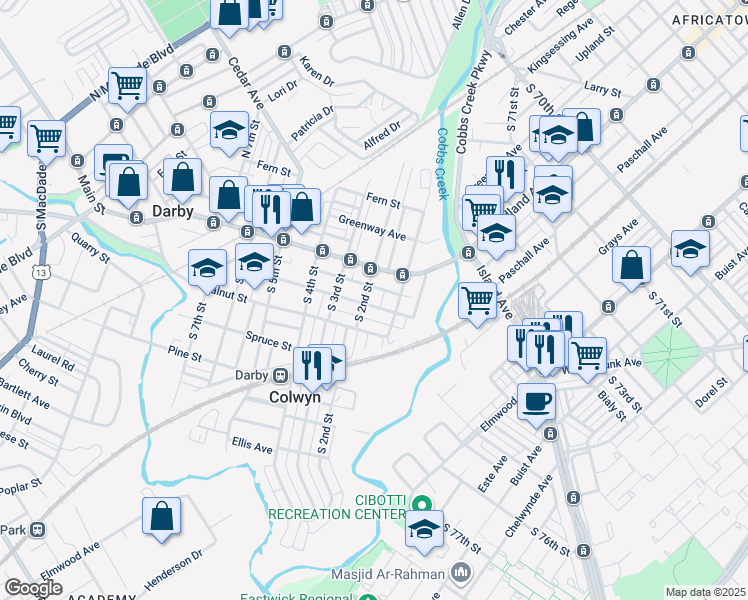 map of restaurants, bars, coffee shops, grocery stores, and more near 119 Chestnut Street in Darby