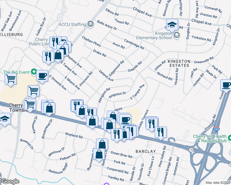 map of restaurants, bars, coffee shops, grocery stores, and more near 988 Kingston Drive in Cherry Hill