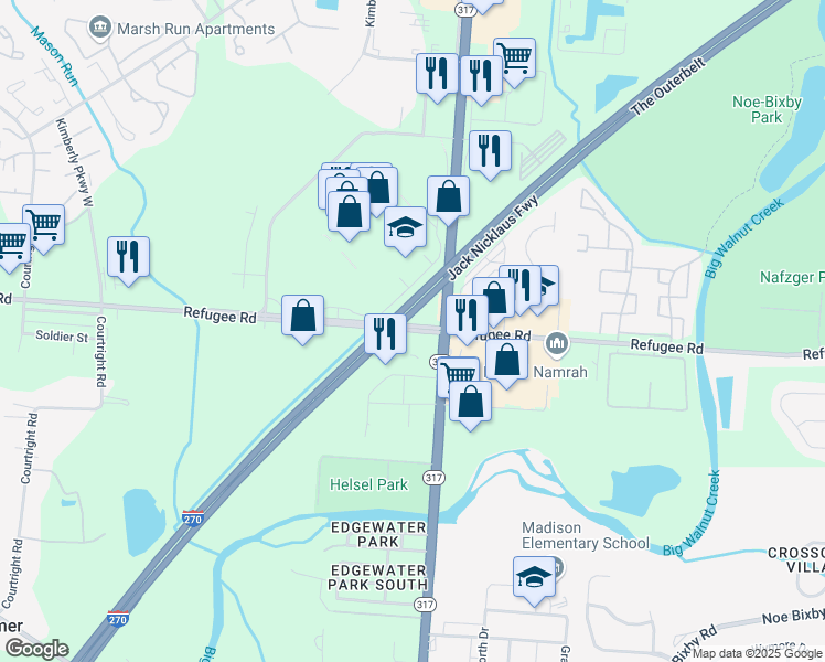map of restaurants, bars, coffee shops, grocery stores, and more near 4485 Refugee Road in Columbus