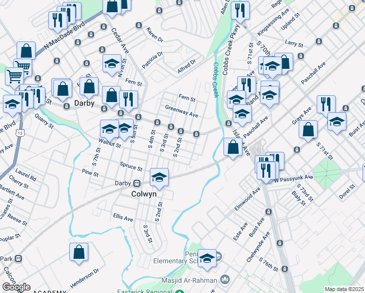 map of restaurants, bars, coffee shops, grocery stores, and more near 119 Chestnut Street in Darby