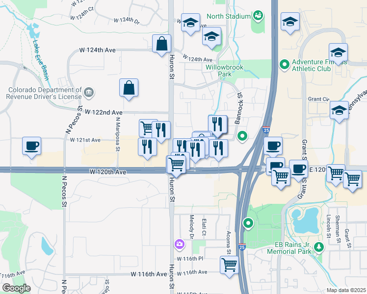 map of restaurants, bars, coffee shops, grocery stores, and more near 12055 Melody Drive in Westminster
