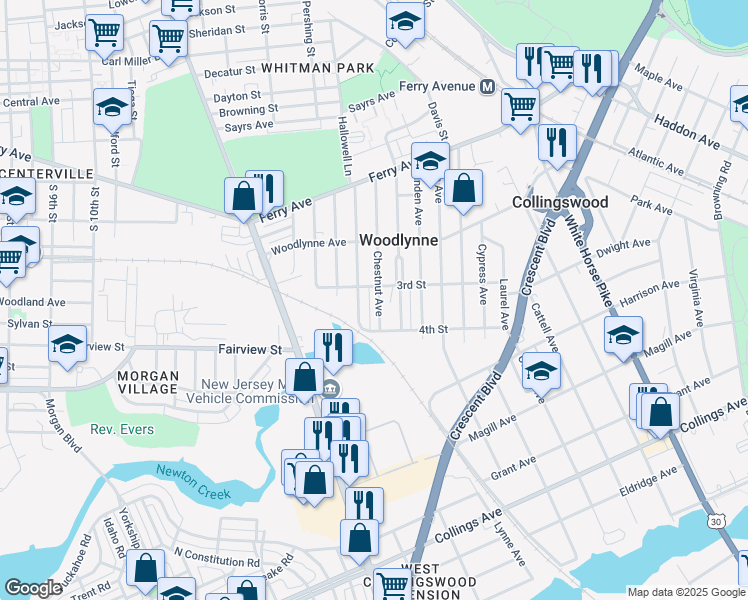 map of restaurants, bars, coffee shops, grocery stores, and more near 347 Chestnut Avenue in Oaklyn