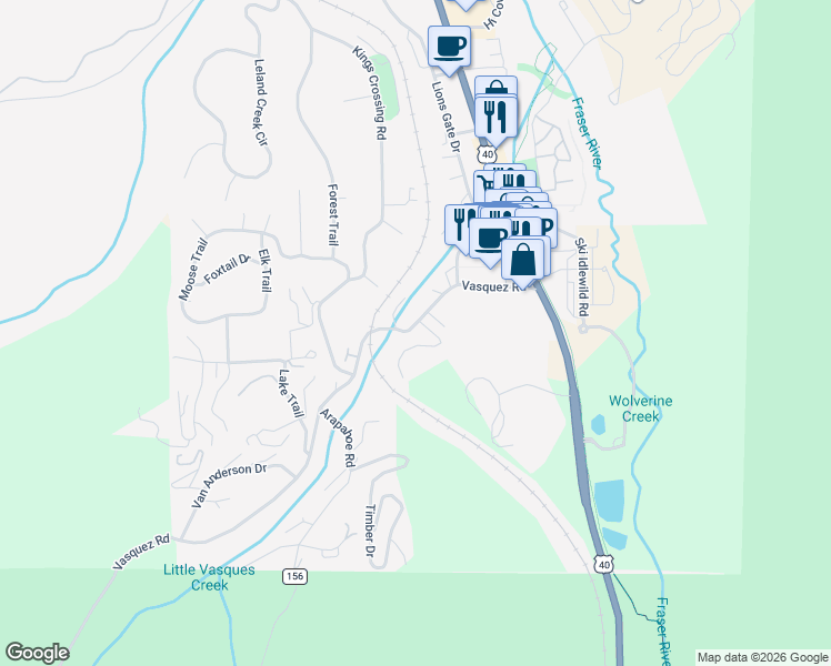 map of restaurants, bars, coffee shops, grocery stores, and more near 153 Idlewild Lane in Parshall