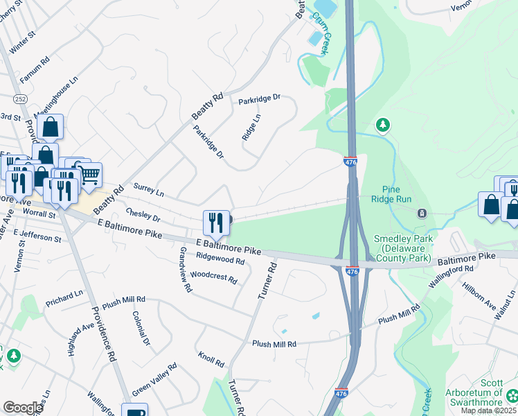 map of restaurants, bars, coffee shops, grocery stores, and more near 700 Pine Ridge Road in Media