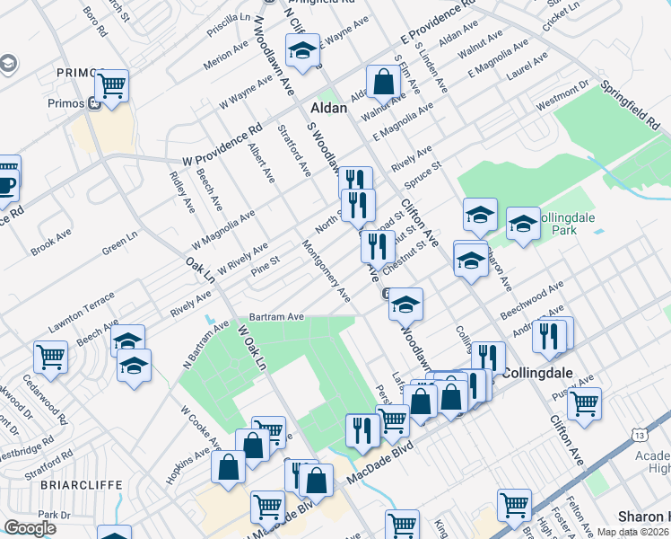 map of restaurants, bars, coffee shops, grocery stores, and more near 1024 Walnut Street in Collingdale