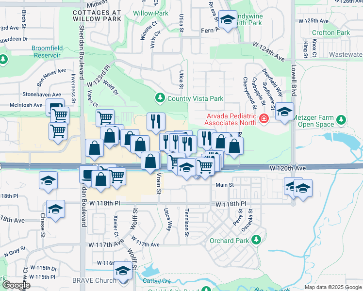 map of restaurants, bars, coffee shops, grocery stores, and more near 4381 West 120th Avenue in Broomfield