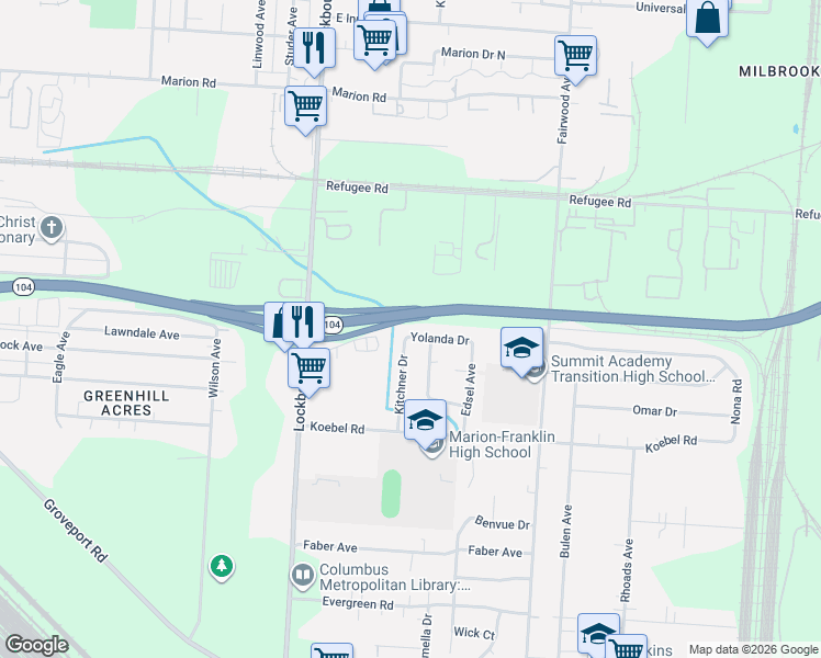 map of restaurants, bars, coffee shops, grocery stores, and more near 2446 Kitchner Drive in Columbus