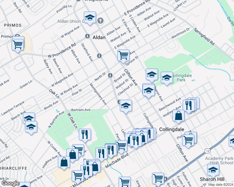 map of restaurants, bars, coffee shops, grocery stores, and more near 921 Chestnut Street in Collingdale