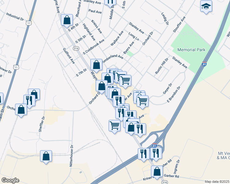 map of restaurants, bars, coffee shops, grocery stores, and more near 993 Wayne Avenue in Chambersburg