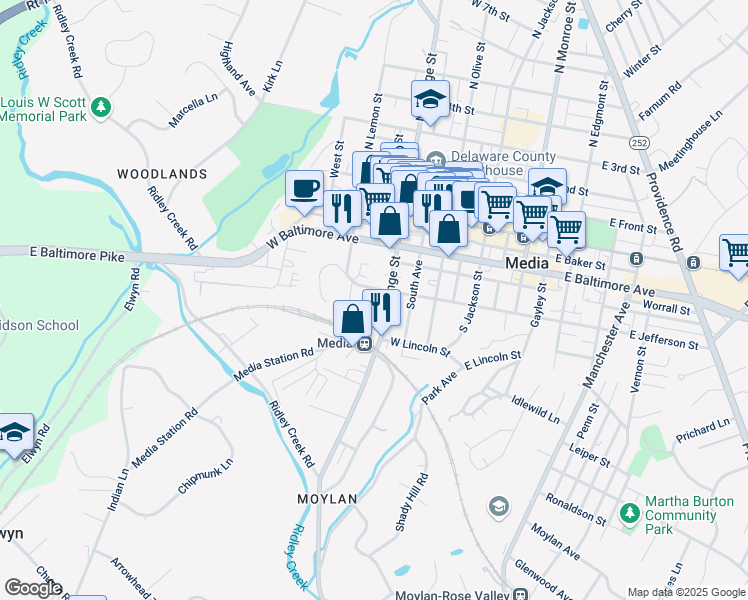 map of restaurants, bars, coffee shops, grocery stores, and more near 400 South Orange Street in Media