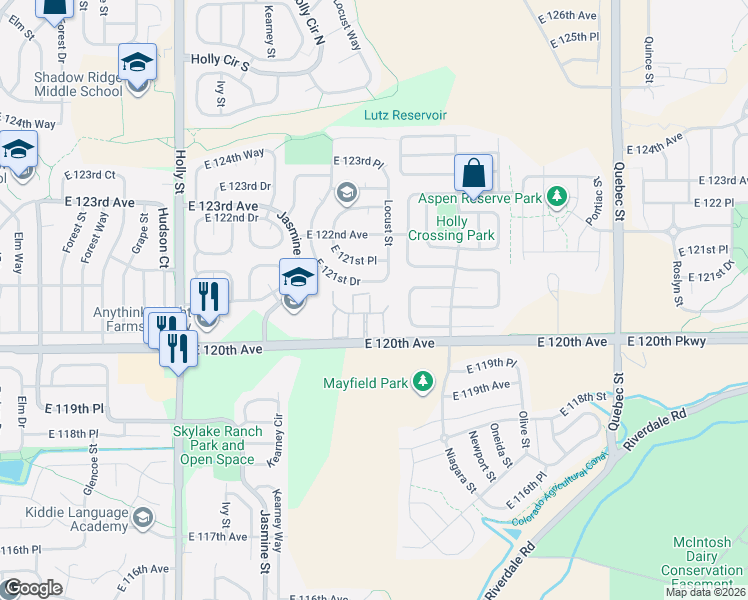map of restaurants, bars, coffee shops, grocery stores, and more near 12036 Monaco Street in Brighton